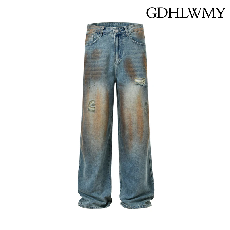 

GDHLWMY High street jeans for men and women, loose fitting straight leg versatile wide leg trendy brand washed long pants