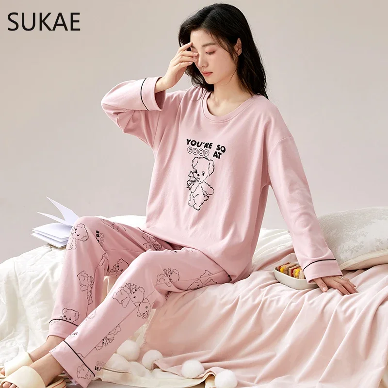 SUKAE New Autumn Winter Women Pajamas Long Sleeve O-neck Sleepwear Faux Cotton Soft Pijamas Leisure Cartoon Girls Homesuits Pjs