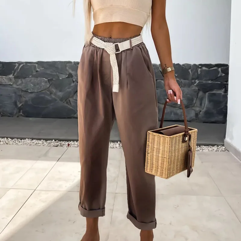 

Fashion Hight Street Solid Loose Straight Pant Women Elegant Elastic Waist Belt Lace-up Long Trousers Casual Pocket Summer Pants