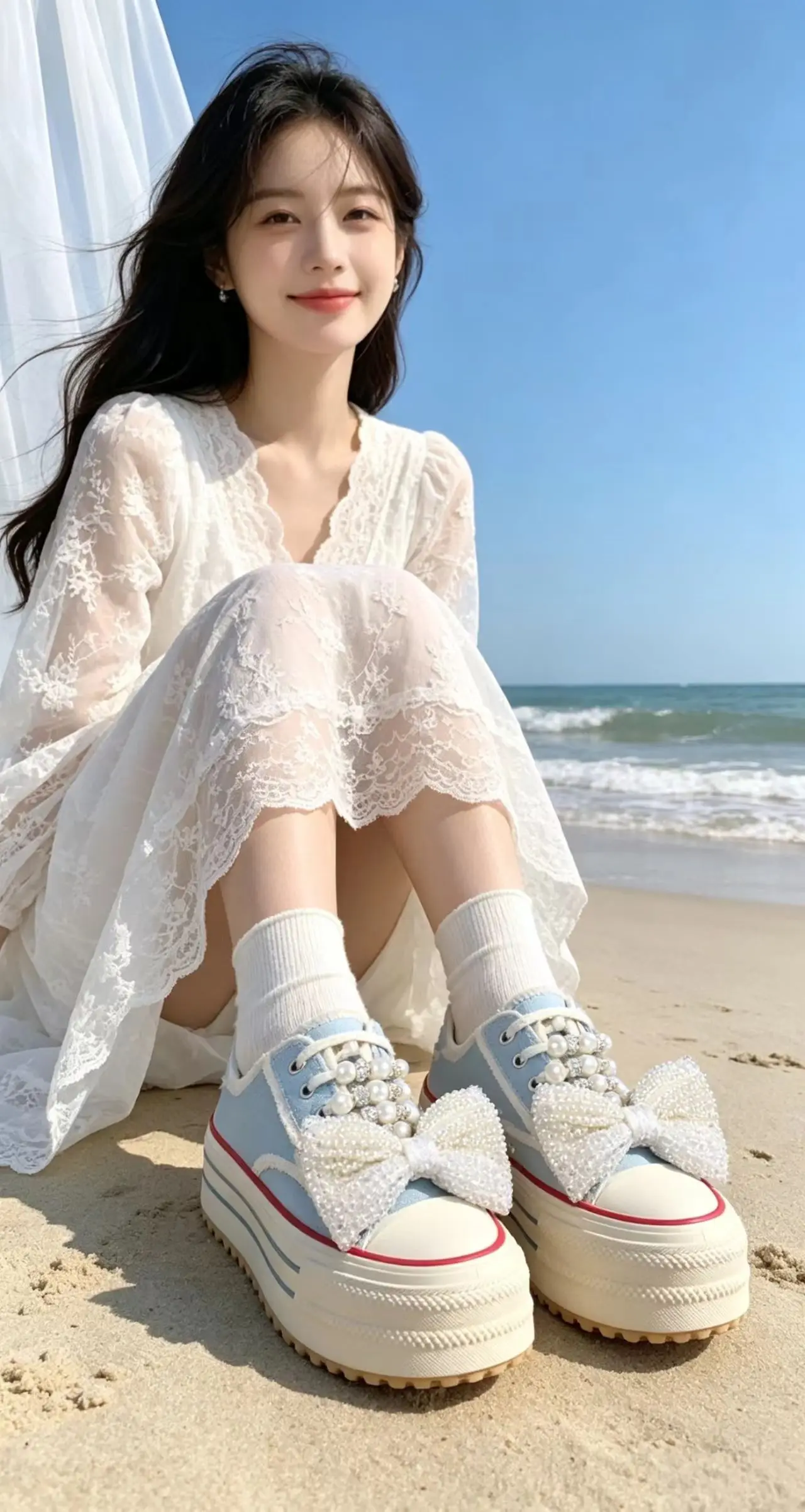 Heavy-duty beaded fringe flower rhinestone pearl canvas shoes - blue low-top thick-soled sports women's shoes, size 35-40