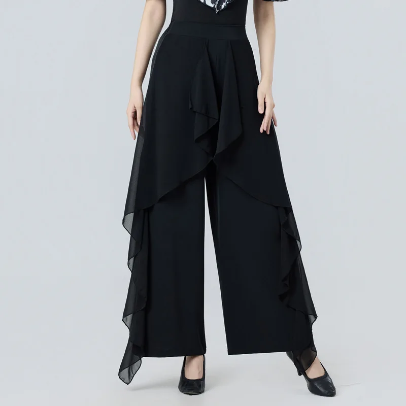 Modern Dance Hosen Frauen Latin Hosen Neue High-Waist Rüschen Breite Bein Hosen Nationalen Standard Hosen Ballroom Dance kostüme