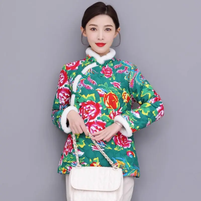 

2022 Winter Mom's Fashion Chinese Style Jacket Retro Printed Cotton Linen Thickened Lightweight Coat Cotton Clothes Z3519