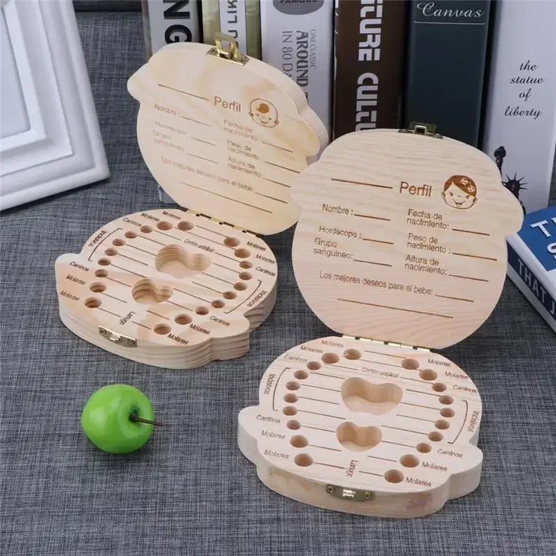 1pc-Baby Tooth Box Spanish Wooden Children Periodontal Organizer Locker Boy Girl Baby Souvenir Gift