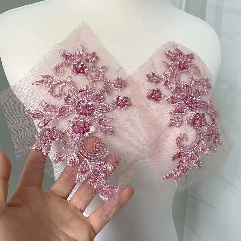 2PCS/Pair 3D Flower With Beaded Sequined Bodice Applique Sewing SuppliesLace Embroidery Sew-On Patches for Dresses, Clothing