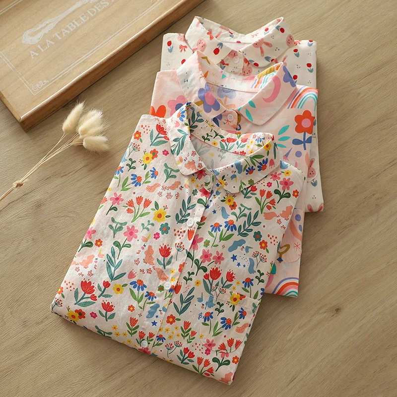 

2023 Autumn Women Flower Shirts And Blouses Cotton Long Sleeve Tops Loose Shirt Blusas Roupa Feminina