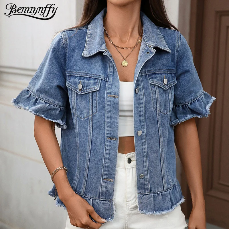 Benuynffy Fringed Hem Short Sleeved Denim Jacket Women's Spring Summer Single Breasted Casual Washed Jeans Outerwear Top Woman