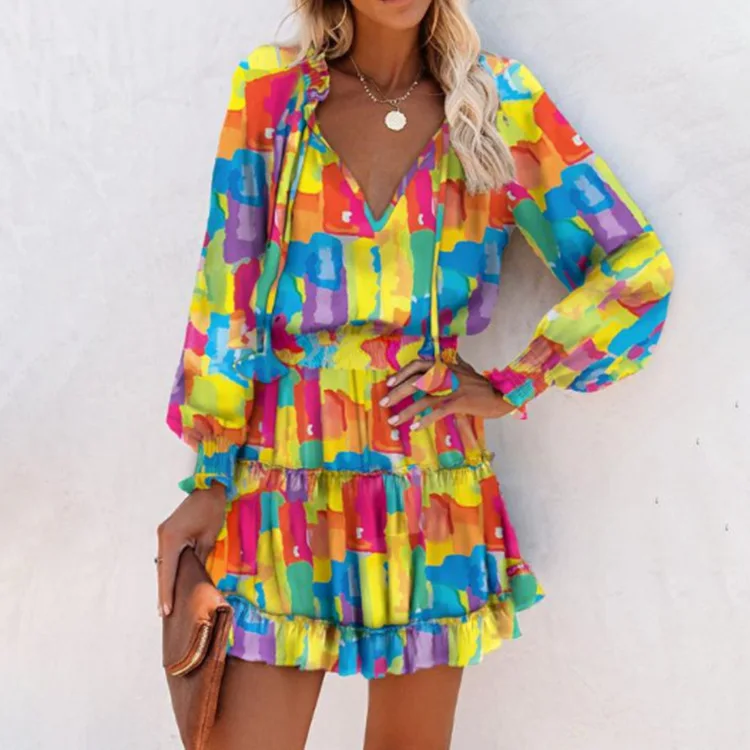 Boho Print Long Sleeve Party Mini Dress Women Chic Dance Wear Leopard Ruffles Sexy Short Dress Vintage Female Midi Vestidos