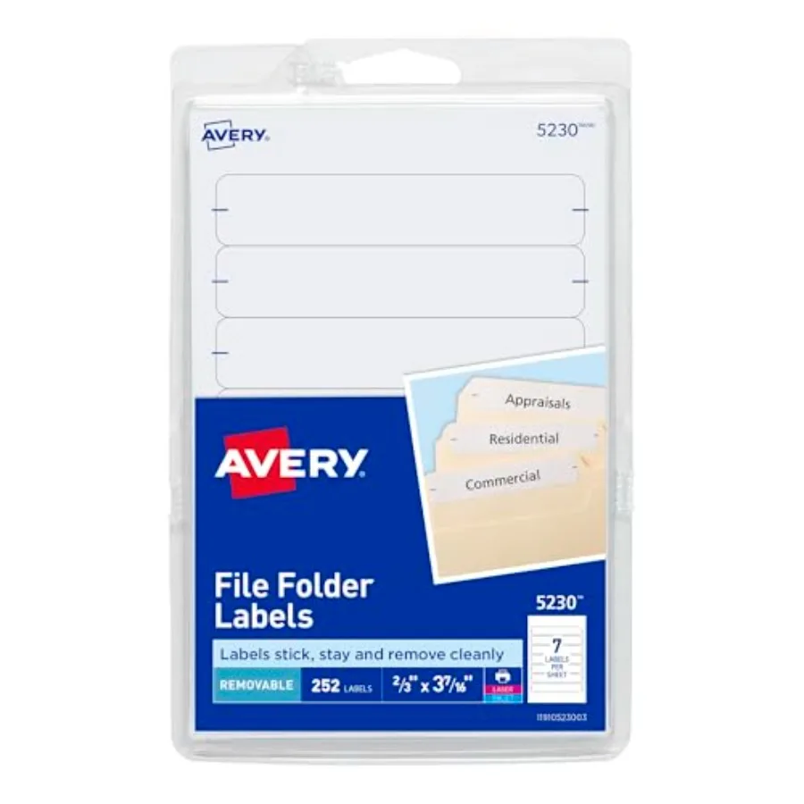 

File Folder Labels on 4 x 6 Sheets Removable Adhesive White 2/3 x 3-7/16 252 Labels 5230