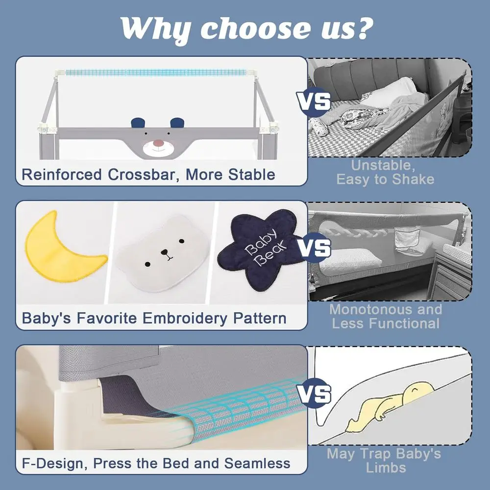 헤드보드 막대가 있는 유아용 침대 난간, 트윈/풀/퀸/킹 침대용 조절 가능한 가드, 78.7x78.7x59 퀸