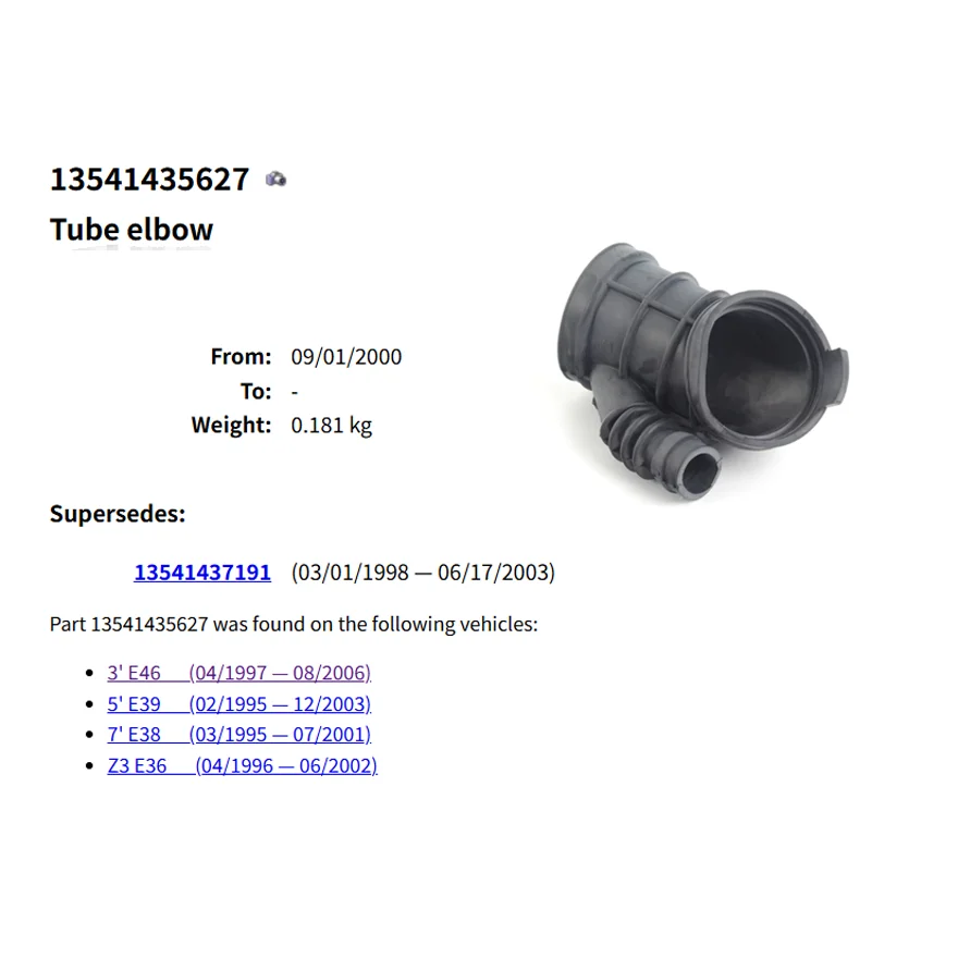 

13541435627 Intake Pipe for BM E36 E38 E39 E46 Z3 320i 328i 520i 523i 528i 1354 14356 27 Auto Parts