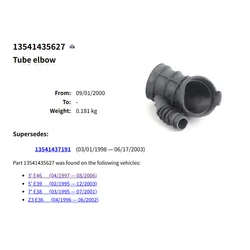 13541435627 Intake Pipe for BM E36 E38 E39 E46 Z3 320i 328i 520i 523i 528i 1354 14356 27 Auto Parts