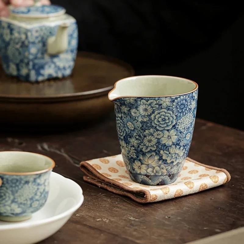 Flowers Ceramic Opening Pottery Fair Cup Chinese Kung Fu Tea Vintage Zen Tea Sea Teacup Teaware Blue Tea Ceremony Utensil