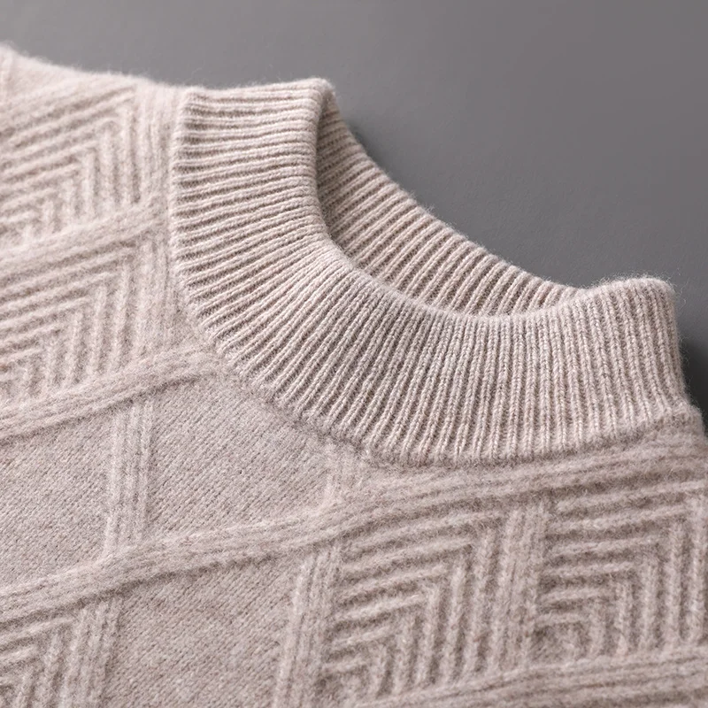 Men's Autumn Winter Half-High Neck Knit Sweater 100% Merino Wool Plaid Casual Thick Warm Pure Color Top