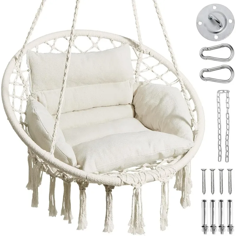 

Hammock Chair, Macrame Swing Chair with Comfy Cushion, Boho Hanging Chair for Outdoor & Indoor, Perfect for Bedroom,