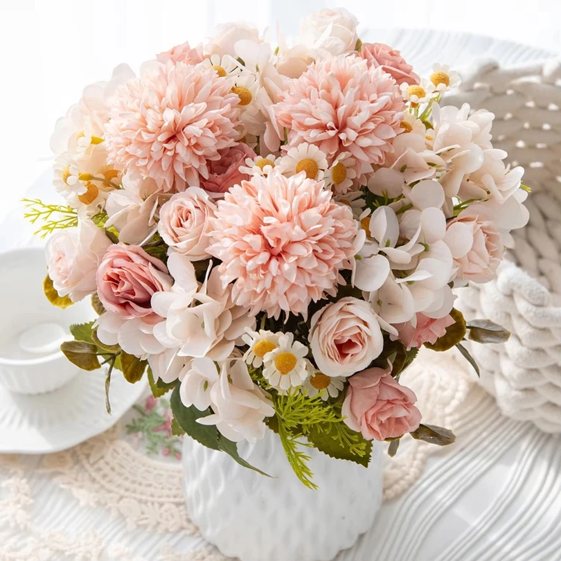 1 peça flores artificiais para casamento, decoração para quarto de casa, buquê de noivas, rosas de seda falsas, hortênsias, vaso, presente ao ar livre