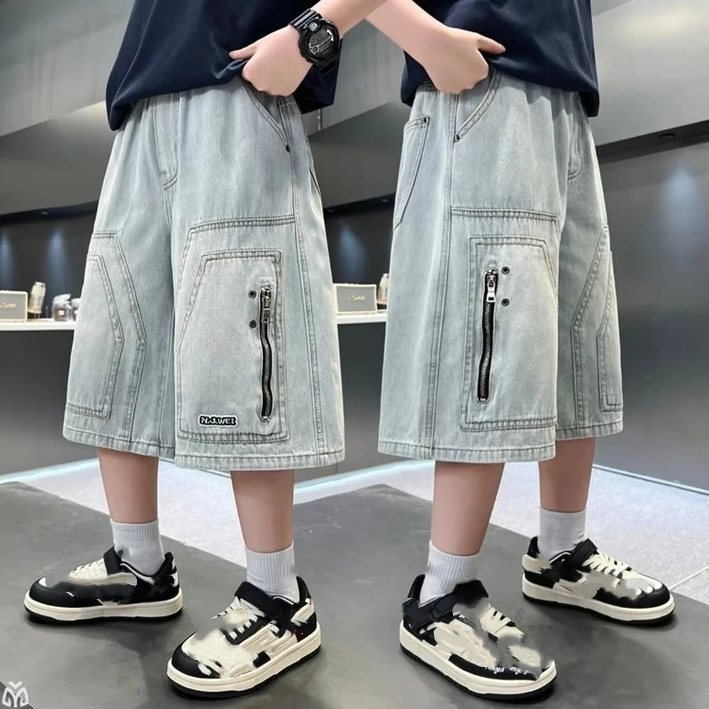 Teens Boys Summer Denim Shorts For Kids Blue Vintage Zipper Jeans Children Casual Loose Cotton Calf Pants 5 7 9 11 13 14 Years