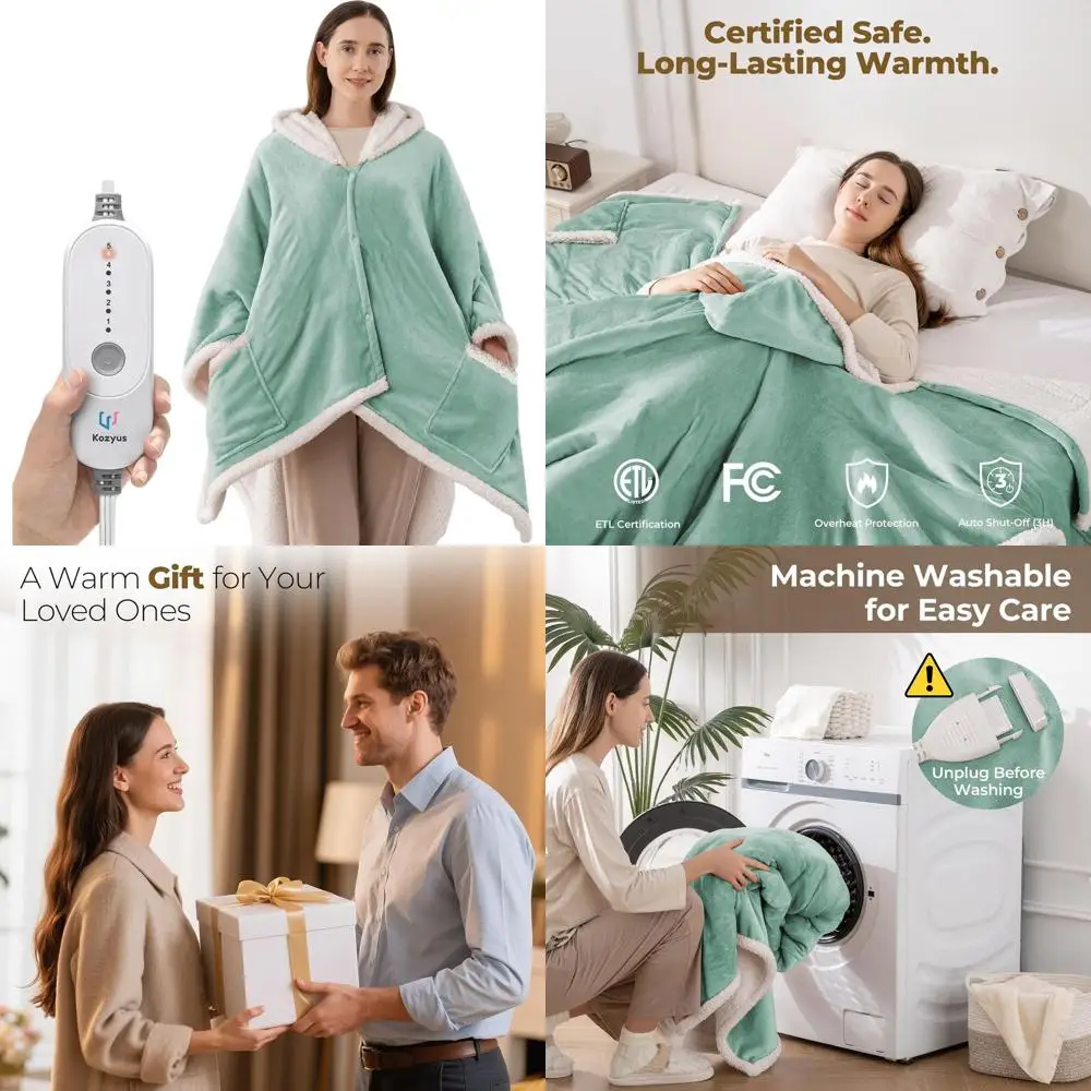 

Heated Throw Blanket with Hood and Pockets, 5 Temperature Settings, 3H Auto-Off, Washable, Certified, Unisex, Light Green, 56x63