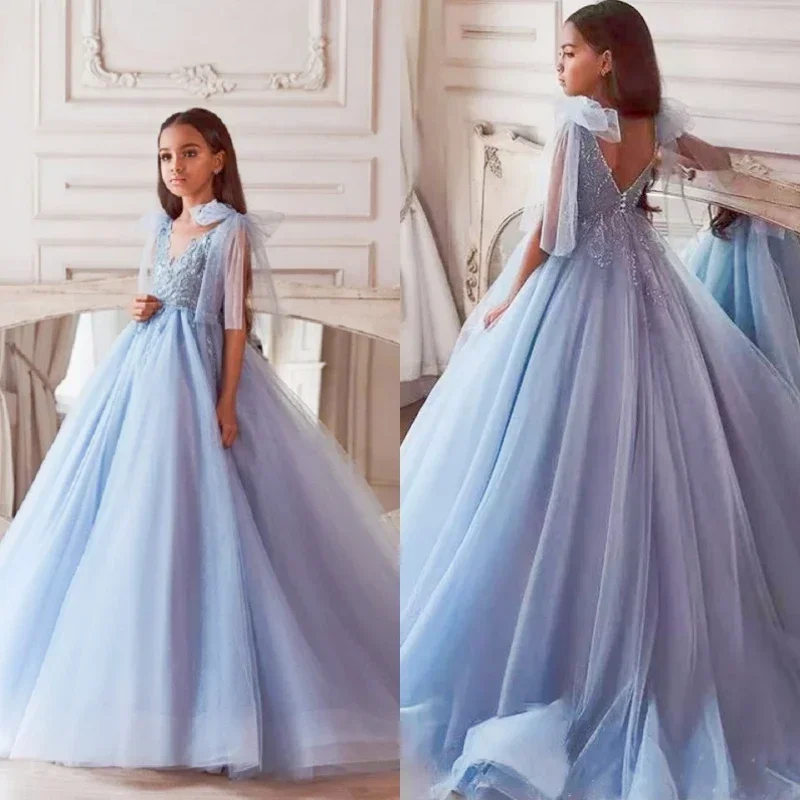 Vestido de niña de flores azul claro personalizado para niños vestido de princesa para boda fiesta de cumpleaños desfile vestidos para ocasiones especiales