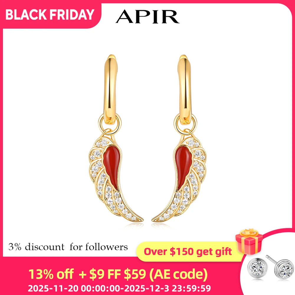 

APIR Red Agate Pendent Hoop Earrings for Women Bohemia Sparkling Moissanite Angel Wing Design Hoops Fine Jewelry 18k Gold Plated