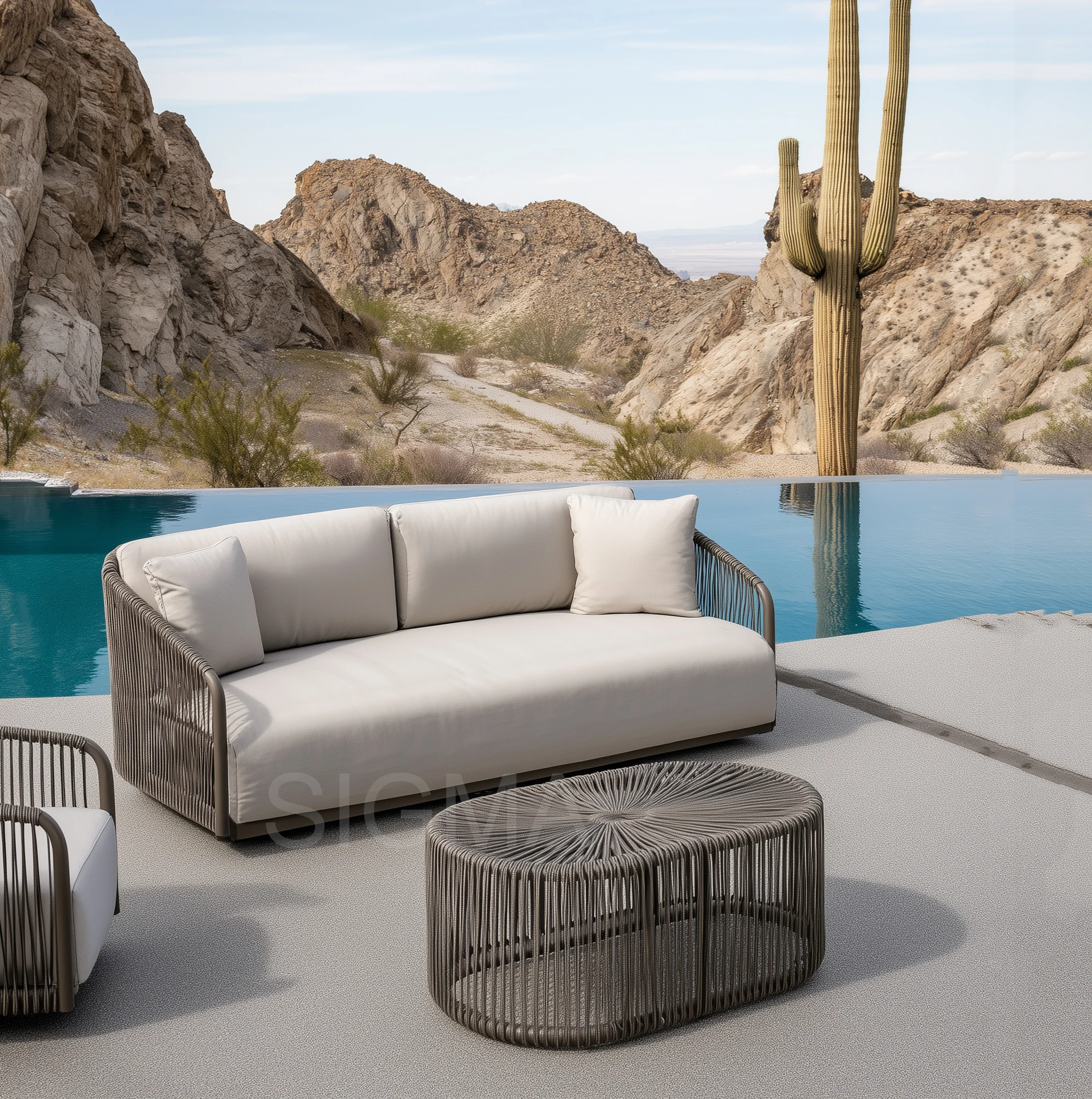 2026 Sigma Outdoor Dining Aluminum Rope Sofa Set Farmhouse Style Metal Patio for Garden Villa Park Hotel New Design for Living