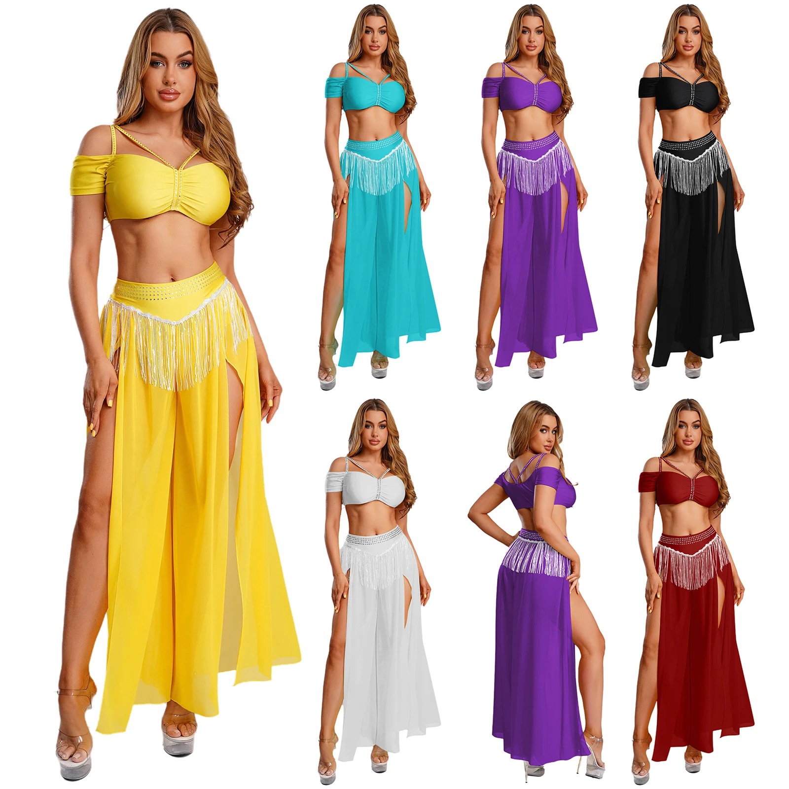 Women Oriental Indian Belly Dance Outfits Halloween Arabian Princess Costume Cold Shoulder Crop Tops with Tassel Slit Culottes