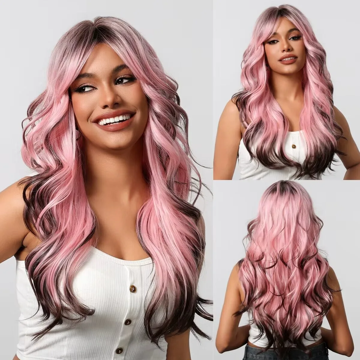 

Long Curly Wavy Synthetic Wigs Black Pink Ombre Cosplay Wigs for Women Body Wave