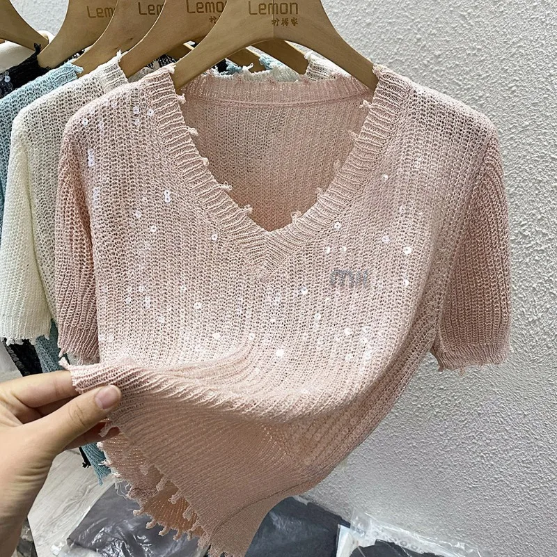 2024 French V-Neck Sequin Knitted Top T-Shirt Women Summer New Korean-Style Loose Slimming Virtual Edge Elastic Base Shirt Tees