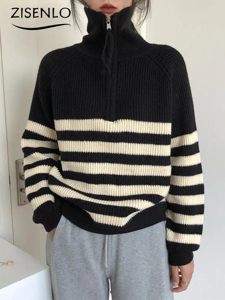 New Soft Lazy Wind Zipper Striped Sweater with High Collar Knit Pullover Sweater Women Oversized Sweater Long Sleeve Top Jumper