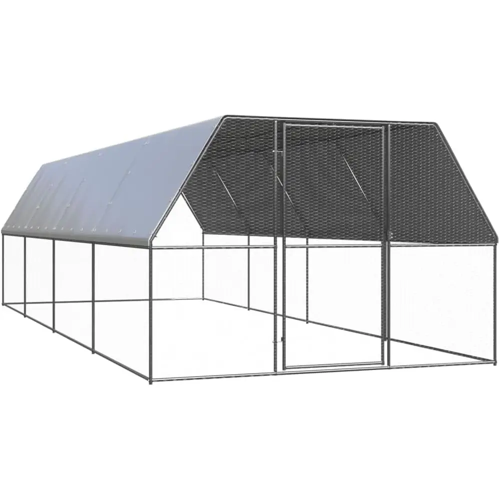 

Silver Galvanized Steel Walk-in Chicken Coop, 9.8x26.2x6.6 ft, Weatherproof Outdoor Poultry Habitat with Lock
