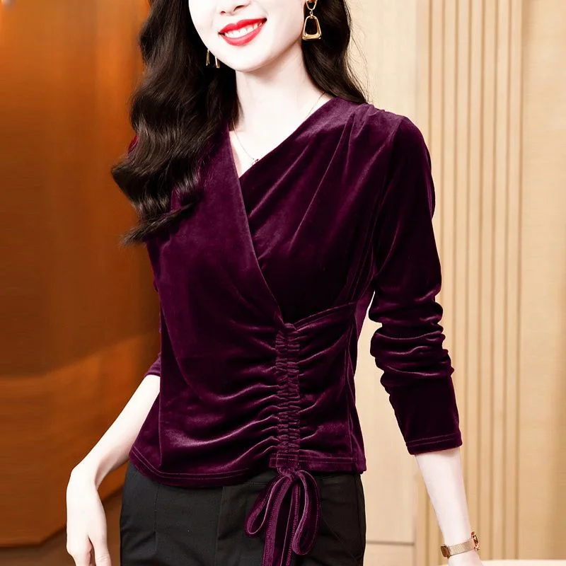 

Женская футболка из вельвета с V-образным вырезом, базовая модель, весенне-осенняя, повседневная, приталенная, с длинным рукавом, дышащая