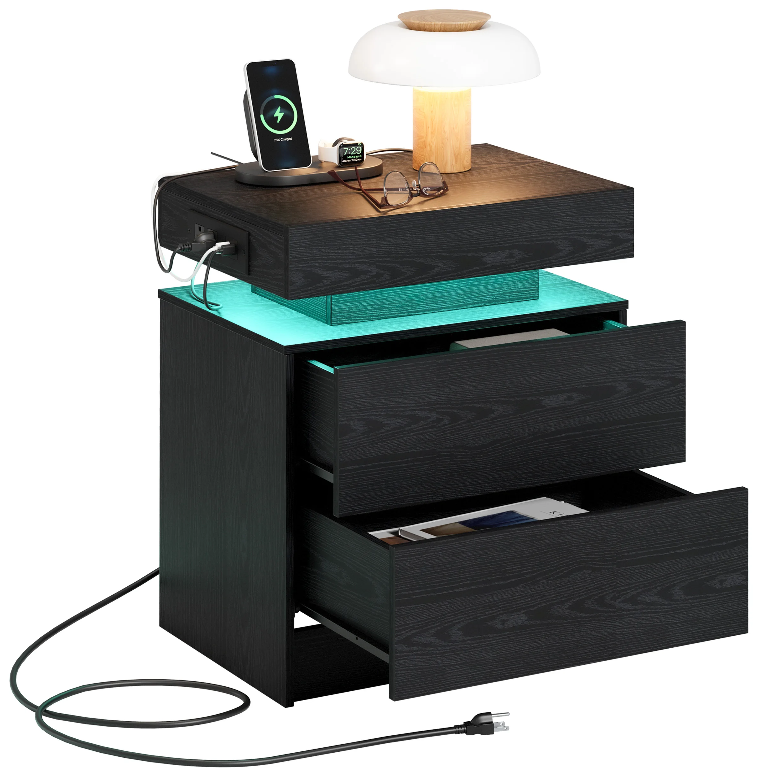 LIKIMIO Night Stand with Charging Station, Modern Nightstand with LED Light and Drawers, Bedside Tables/End Table for Bedroom