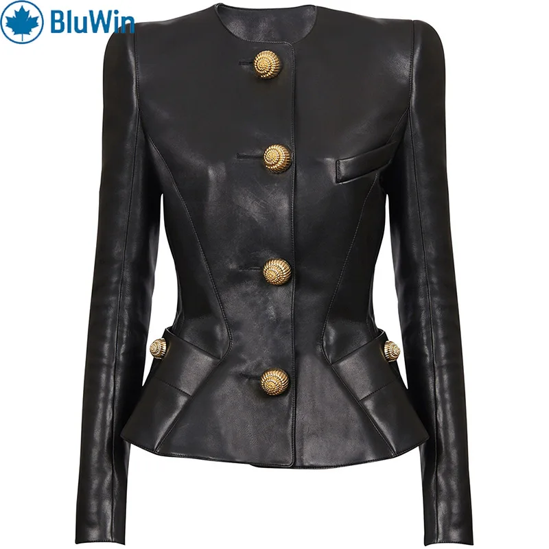 

BluWin 2025 ранняя весна модная элегантная улитка с металлическими пуговицами облегающая кожаная куртка женская