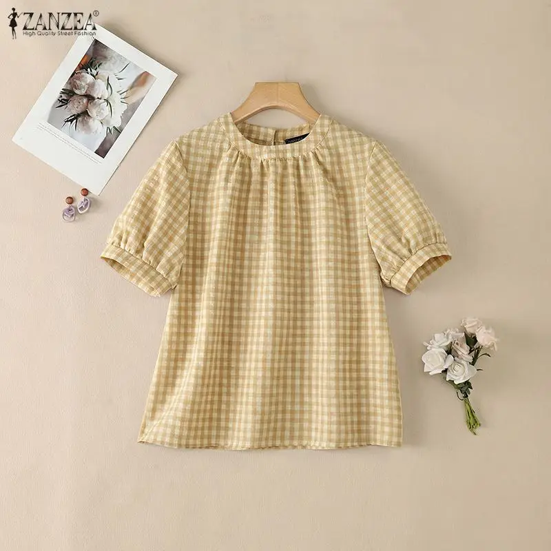 

Fashion Summer Blouse 2026 ZANZEA Women O Neck Short Sleeve Plaid Checked Tops Casual Loose Work Shirt Female Holiday Blusas
