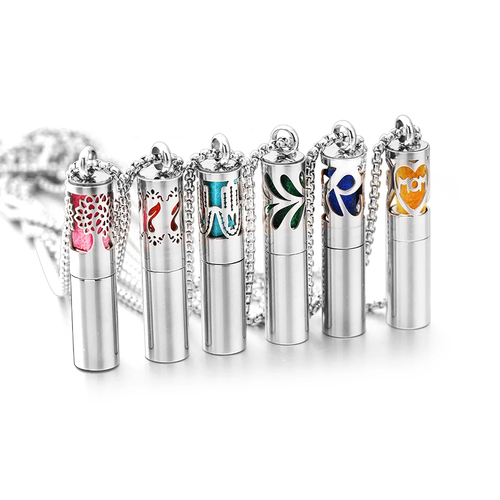 Cylindrical Aromatherapy Essential Oil Diffuser Necklace Storage Bottle Stainless Steel Pendant Fashion Perfume Lockets Jewelry