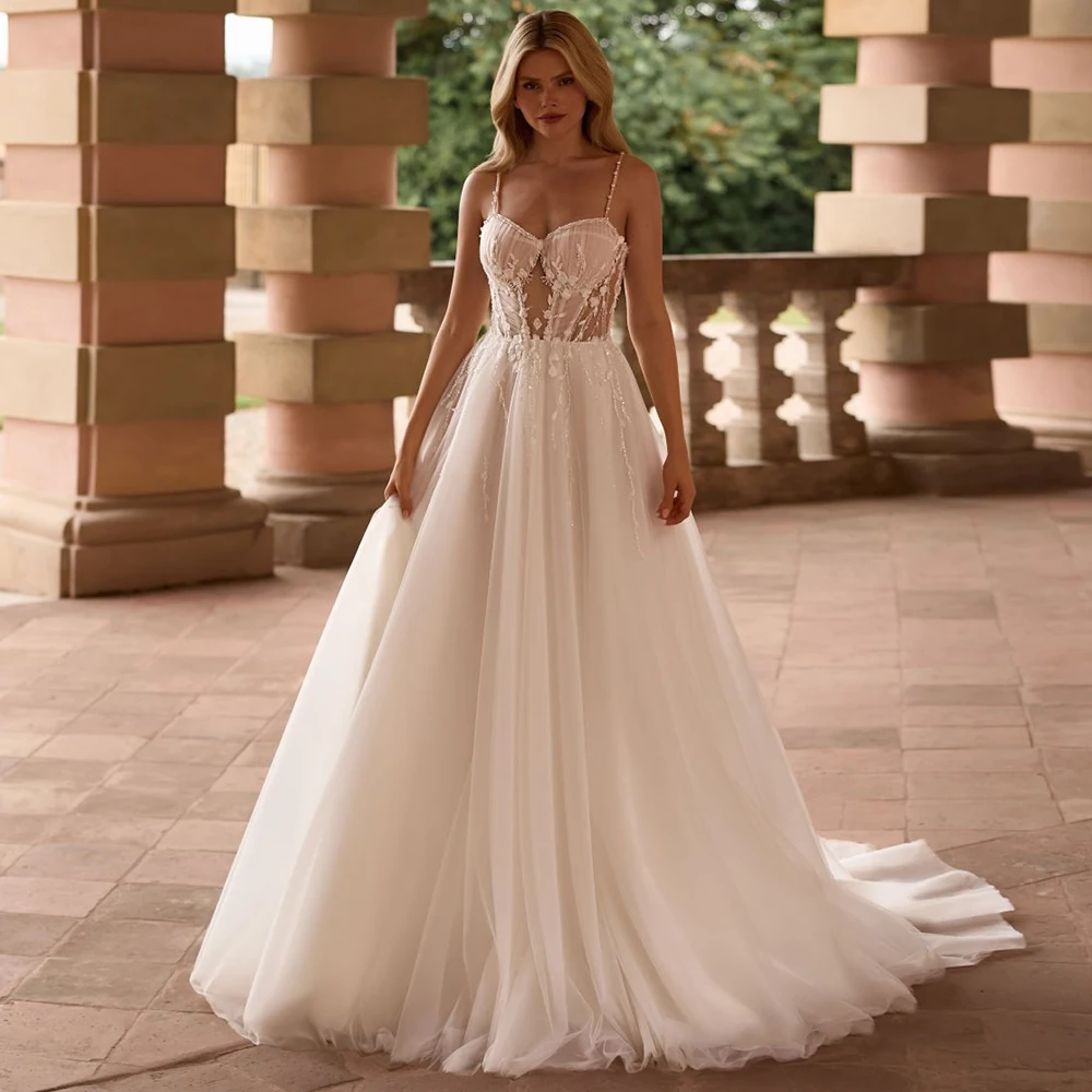 فستان زفاف ساحر على شكل حرف a بحمالات رفيعة من التل مزين بالترتر على شكل قلب بدون أكمام زي العرائس حسب الطلب #1