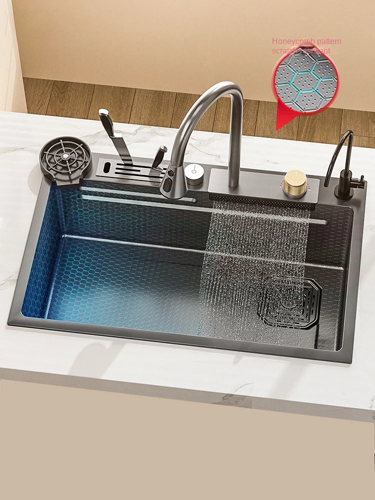 

Flying Rain Waterfall Sink Embossed Honeycomb Large Single Sink 304 Stainless Steel Kitchen Sink Home Island Washbasin