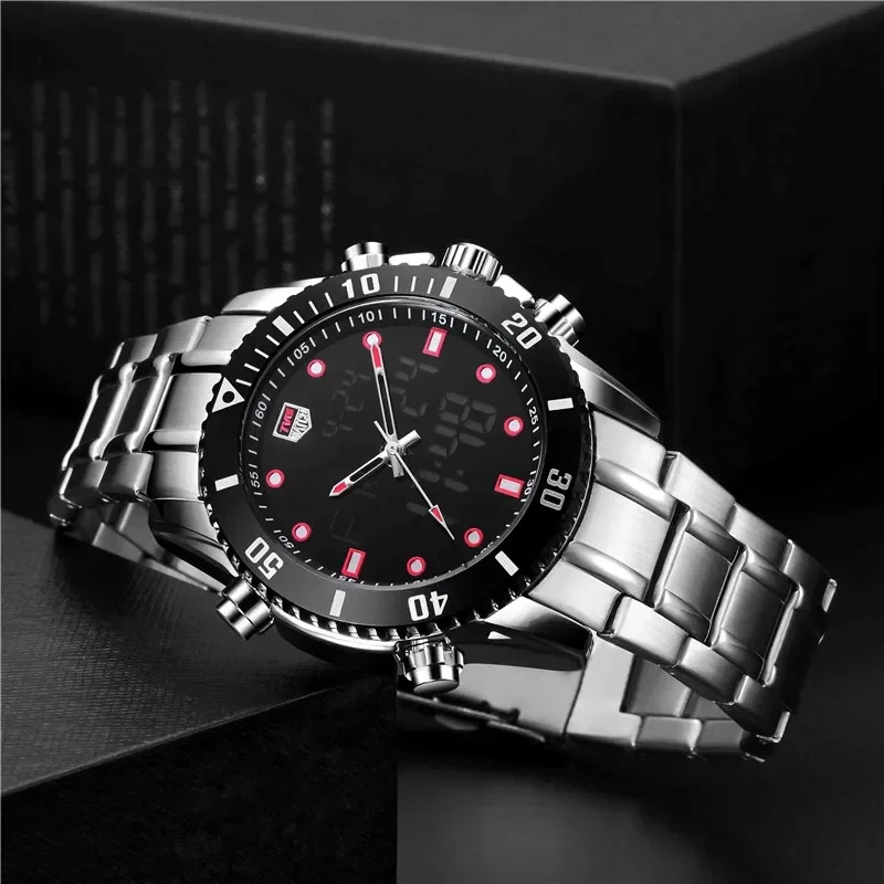 Men Watch Sport Dual movement quartz Stainless Steel Stop Watches LED Digital Watch Waterproof Men clock TVG KM527