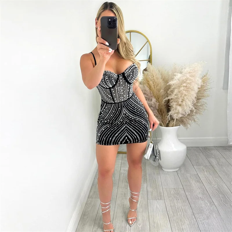 Women Spaghetti Strap Slim Bodycon Diamonds Pearls Sexy Party Dress Mesh Patchwork Rhinestone Black Night Club Dress Birthday