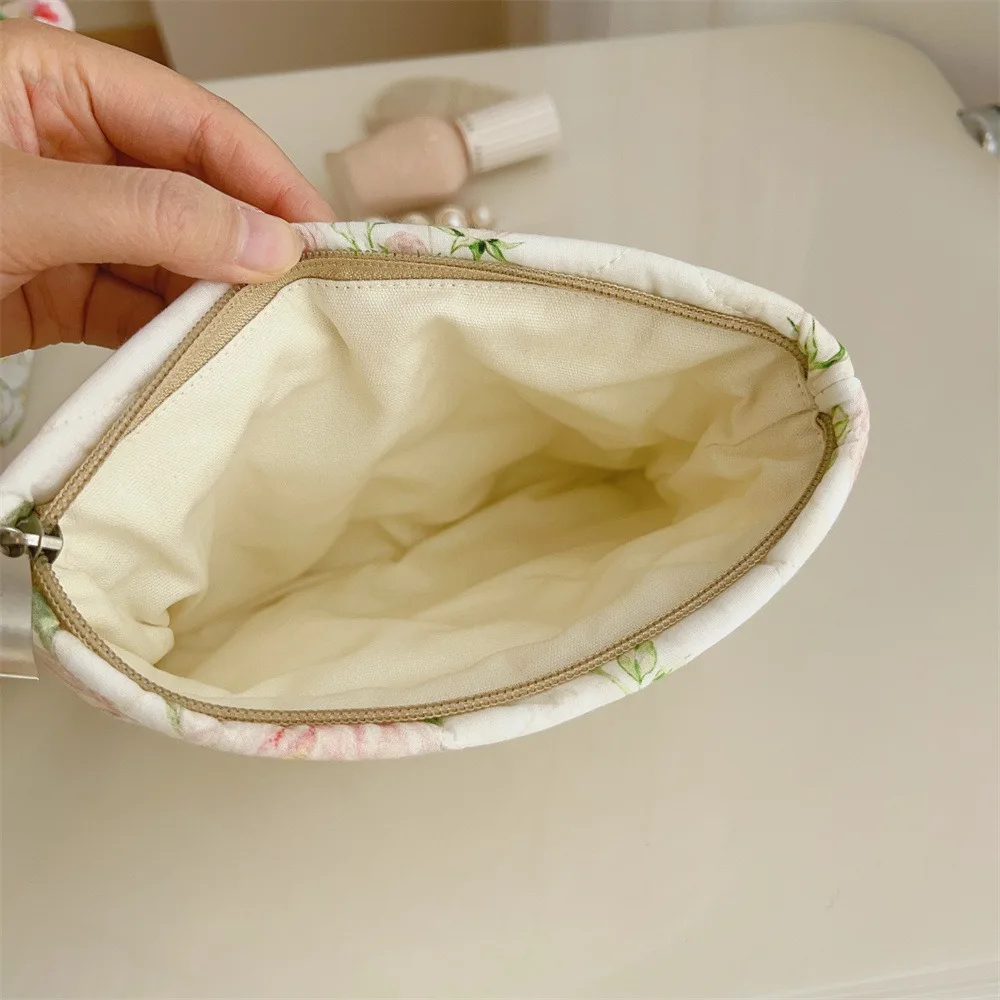 Square Flower Zipper Canvas Makeup Toiletries Organizer Bags Small Cotton Bath Washing Cosmetic Bag Mobile Phone Storage Bag