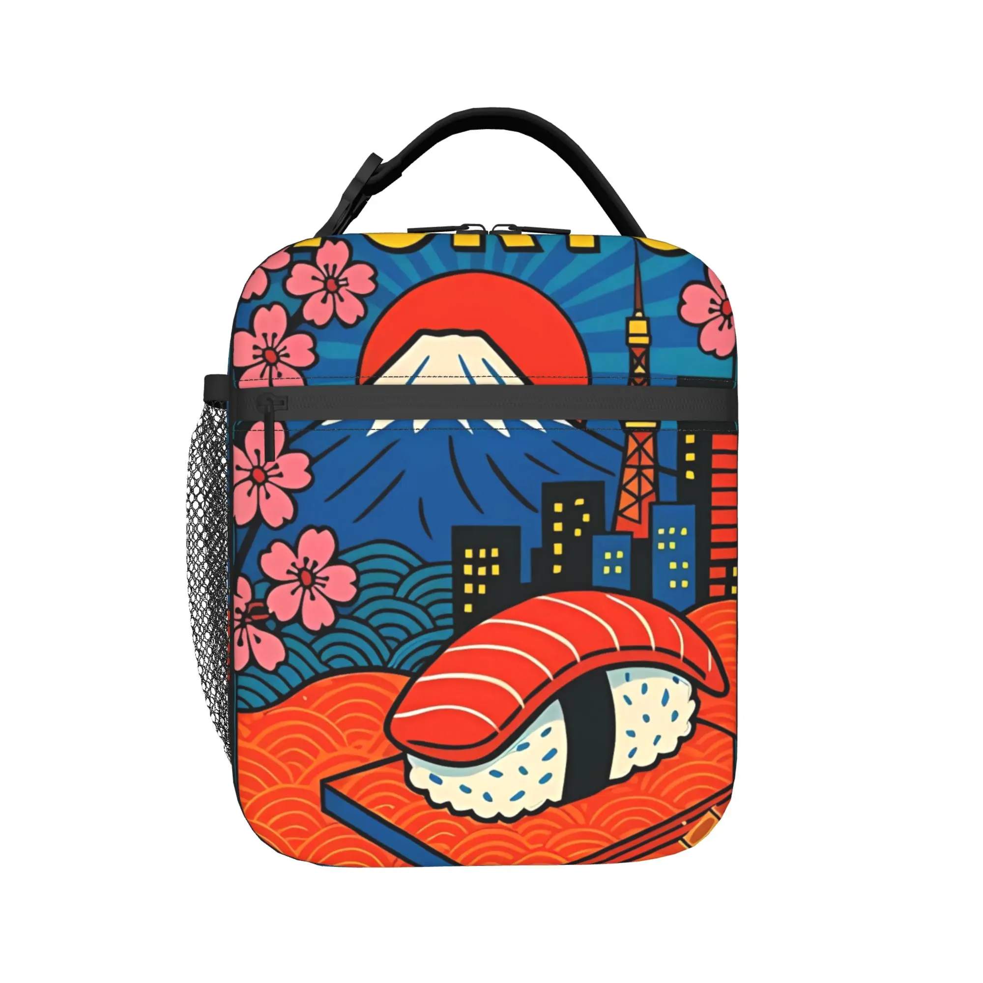 Sushi with Mount Fuji Cherry Blossom Poster Lunch Bag For Child  Picnic Graphic Lunch Box Retro Oxford Thermal Lunch Bags