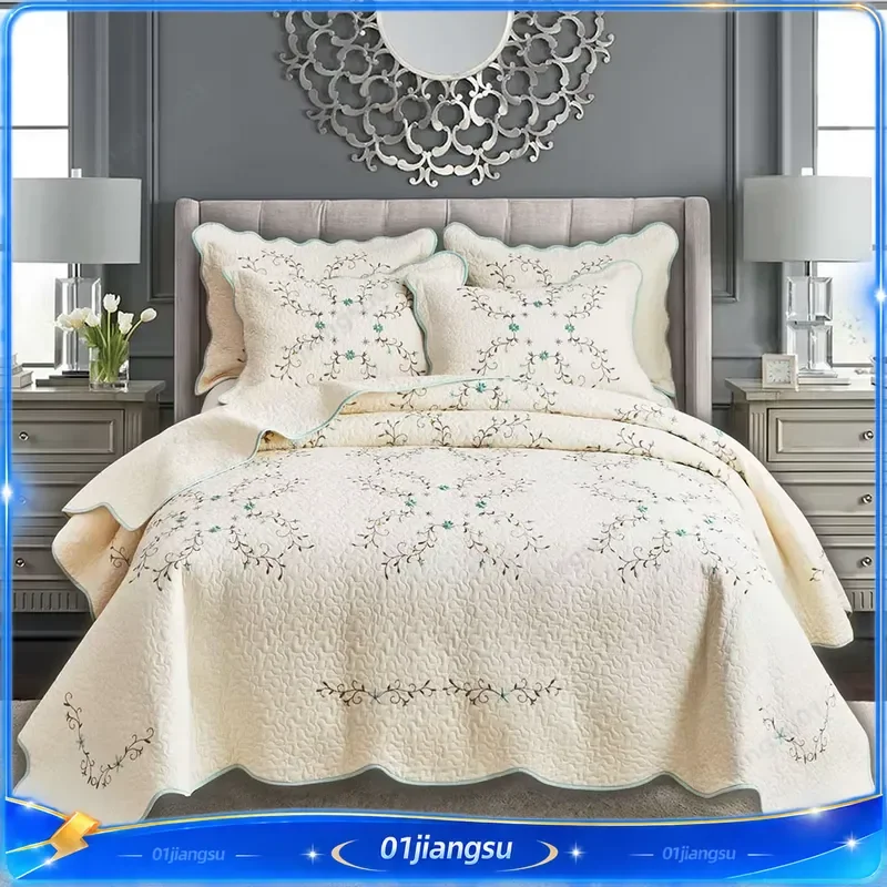 European Style Embroidered Cotton Quilt Set 3pcs King Size Bedspread Summer Coverlet Lightweight Quilted Bed Cover Blanket