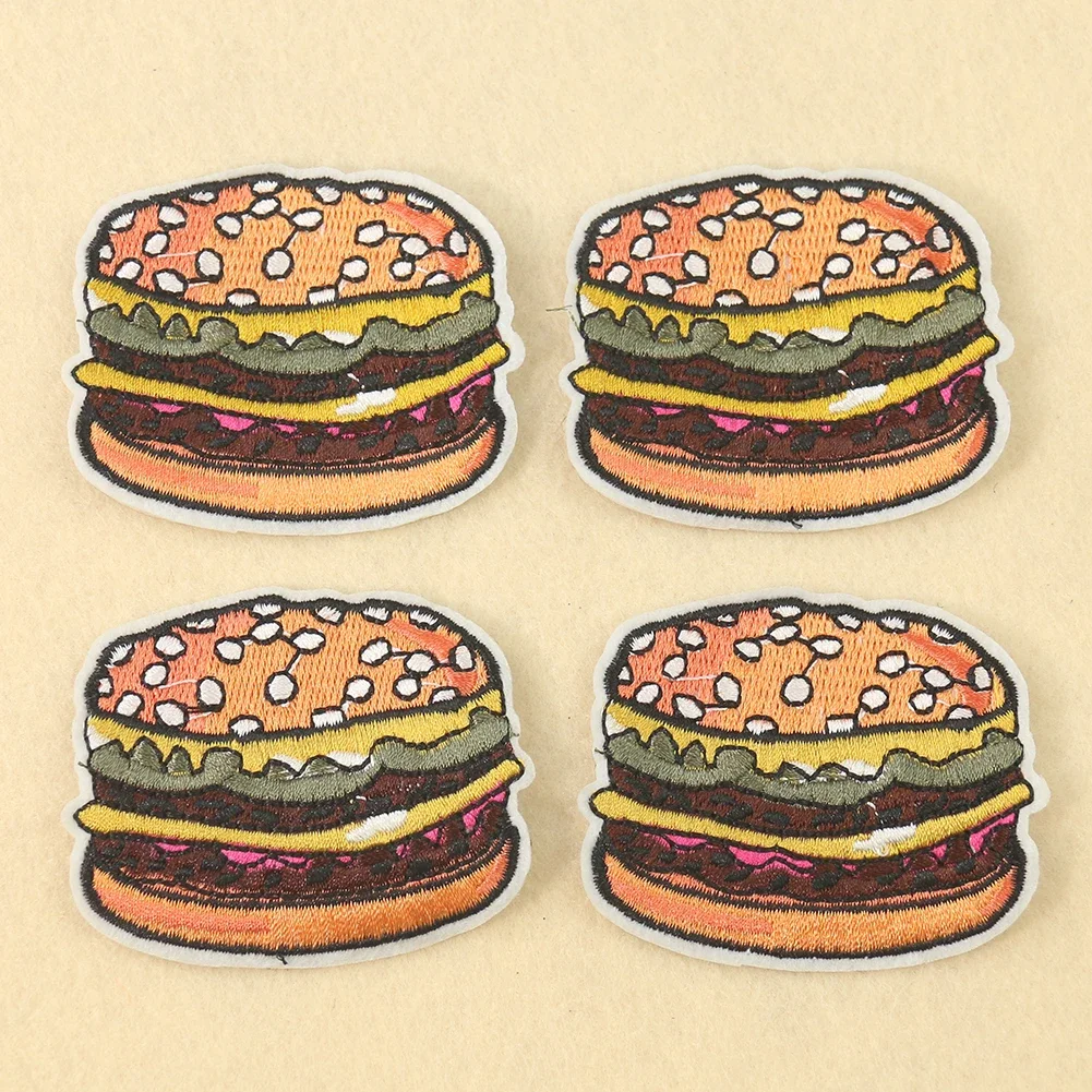 4PC Hamburger Fast Food Patches Embroidery Applique Badge Stripe Sticker Ironing Patch DIY Shoe Bag Clothing Sewing Accessories