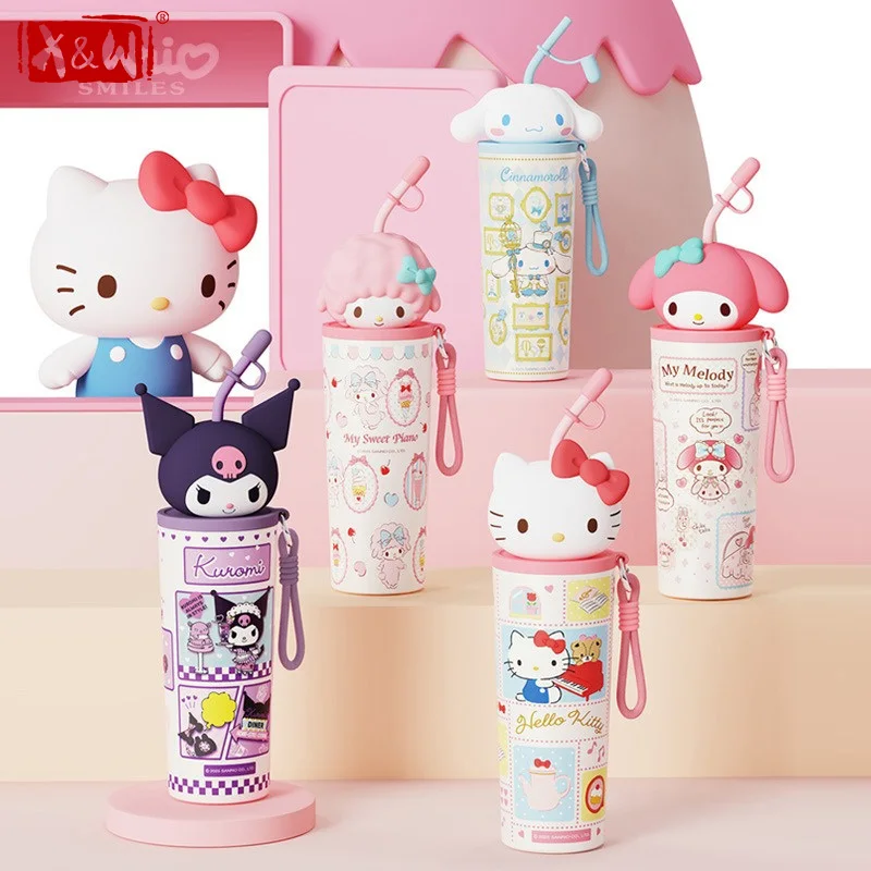 X&W Hello Kitty Insulated Cup Sanrio Stainless Steel Straw Thermos Cup 3D Doll Lid Portable Tumbler for Outdoor Sports Car Cup