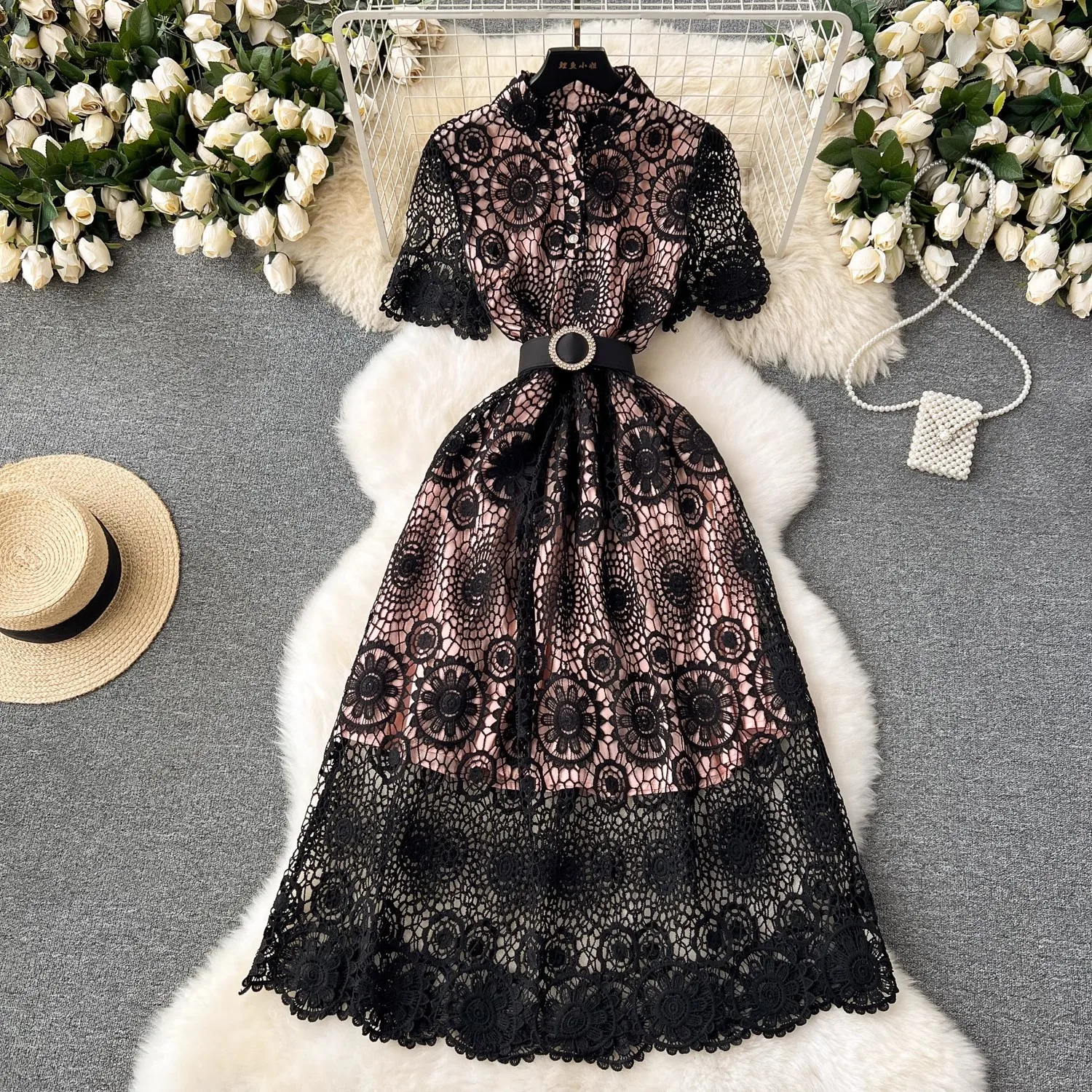 JAMERARY Summer Elegant Flower Lace Dress Women Black Pink beige Short Sleeve Single Breasted Belt Midi Shirt Dresses Evening