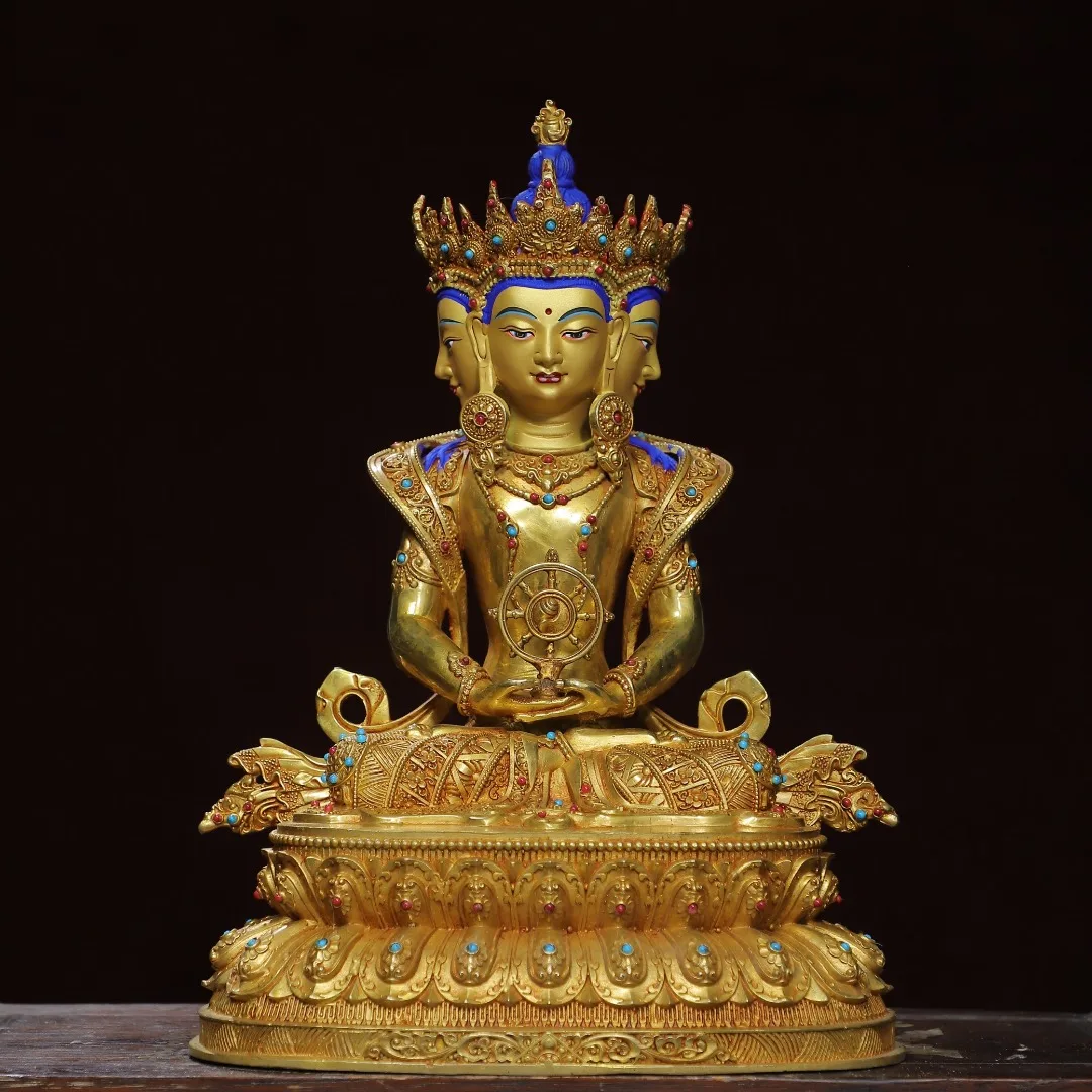 Home Worship Religious Bronze Gilded Gold Painted [Four sided Buddha] Buddha Statue Size: Height 32cm, Width 24cm, Thickness 26c