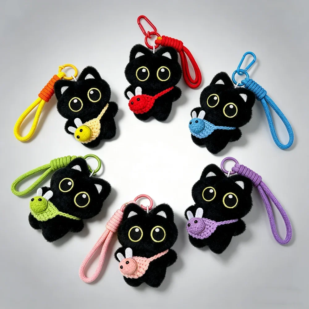 Cute Bee Black Cat Doll Keychain Crossbody Bag Pendant Cat Plush Toy Charms Car Keyring Kawaii Gift for Women