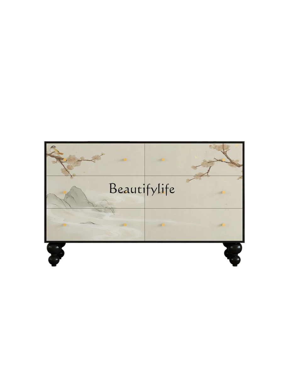 New Chinese Style Flower and Bird Landscape Chest of Six Drawers Storage Solid Wood Entrance Cabinet