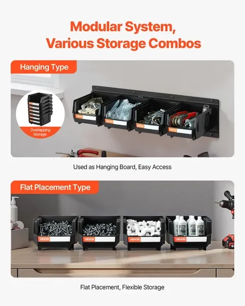 Wall Mounted Storage Bins, 12 Plastic Bins & 3 Metal Rails, Plastic Hanging Stackable Storage Bin for Screws, Nuts, Bolts