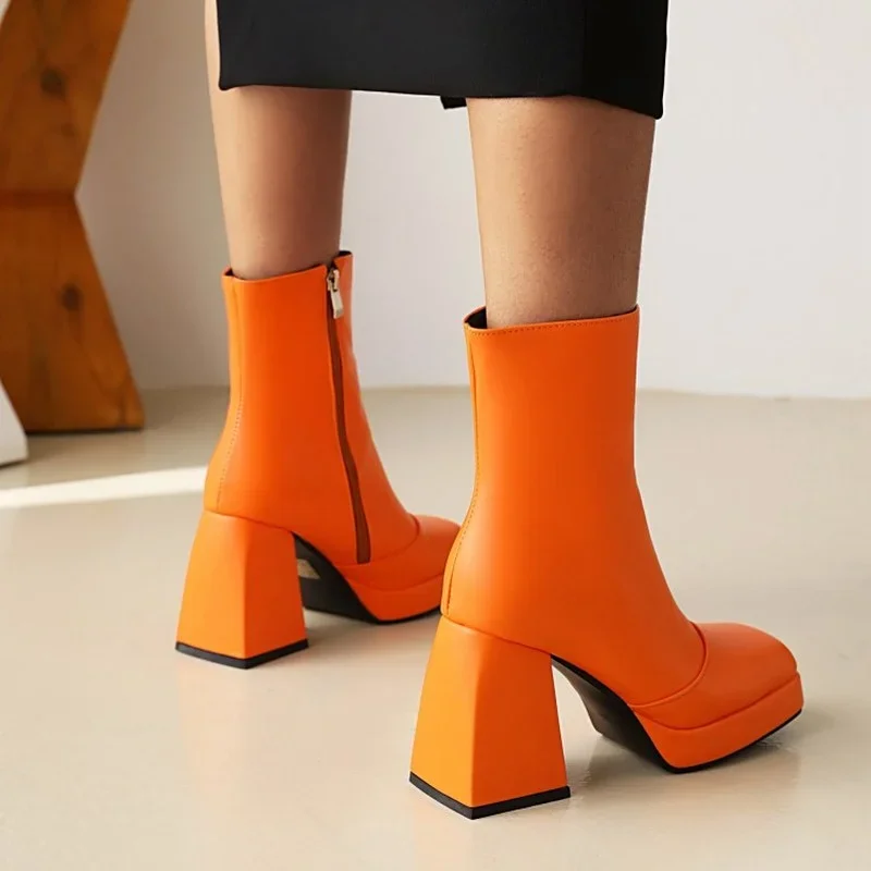 2023 Autumn Winter Fashion chunky heels Waterproof Ankle boots Orange Concise Square head Side zipper Women\'s Boots Big size 43