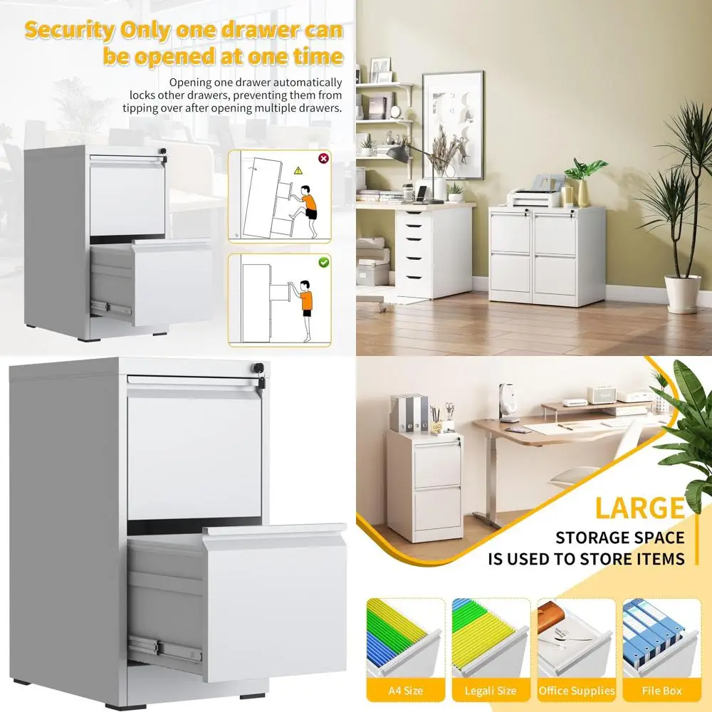 

Secure Steel Vertical File Cabinet, 2-Drawer Metal Filing System for Home Office, A4/Letter Size, White, Assemble